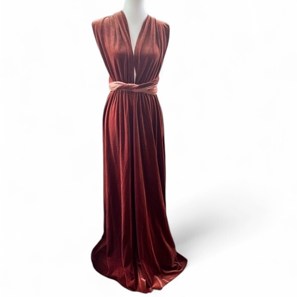 BROWN Convertible Dress Stretch Velvet Multi Ways Wrap Medium 70's Mood - Picture 1 of 13